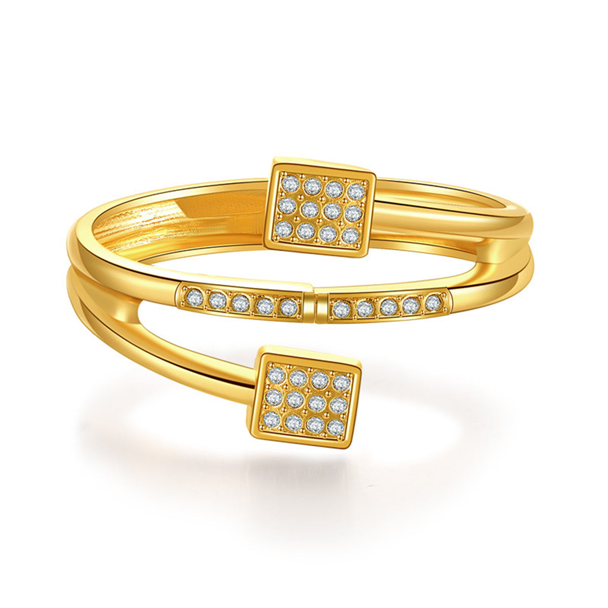 Clear Cubic Zirconia and 18K Gold-Plated Square Hinged Bypass Bangle, gold bangle bracelet, front view