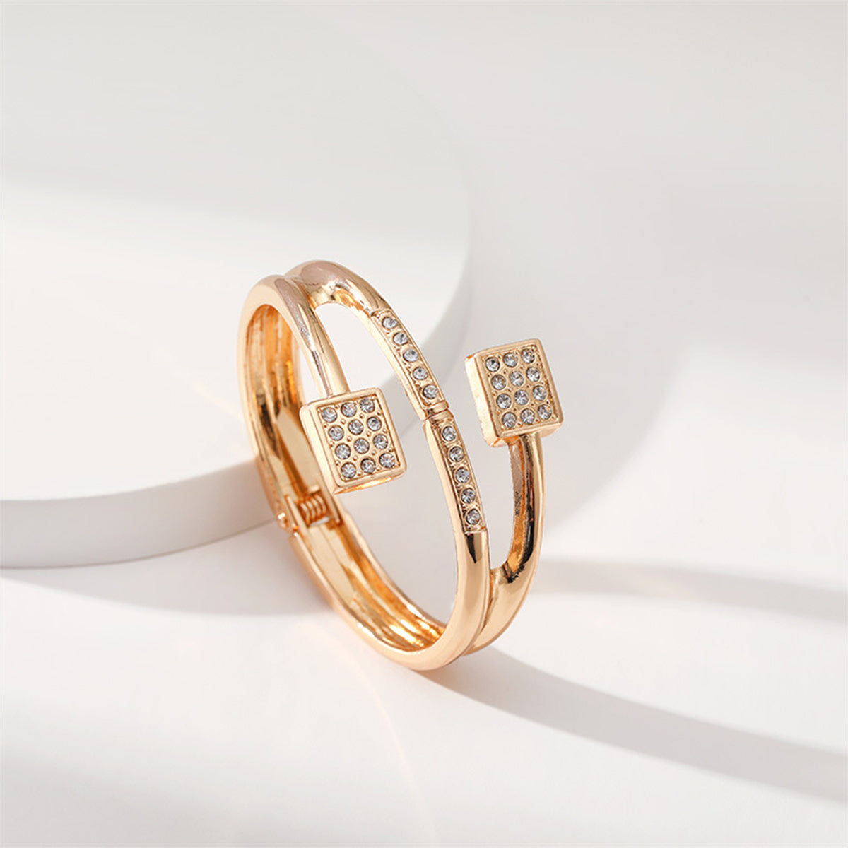 Clear Cubic Zirconia and 18K Gold-Plated Square Hinged Bypass Bangle, gold bangle bracelet, detail close-up
