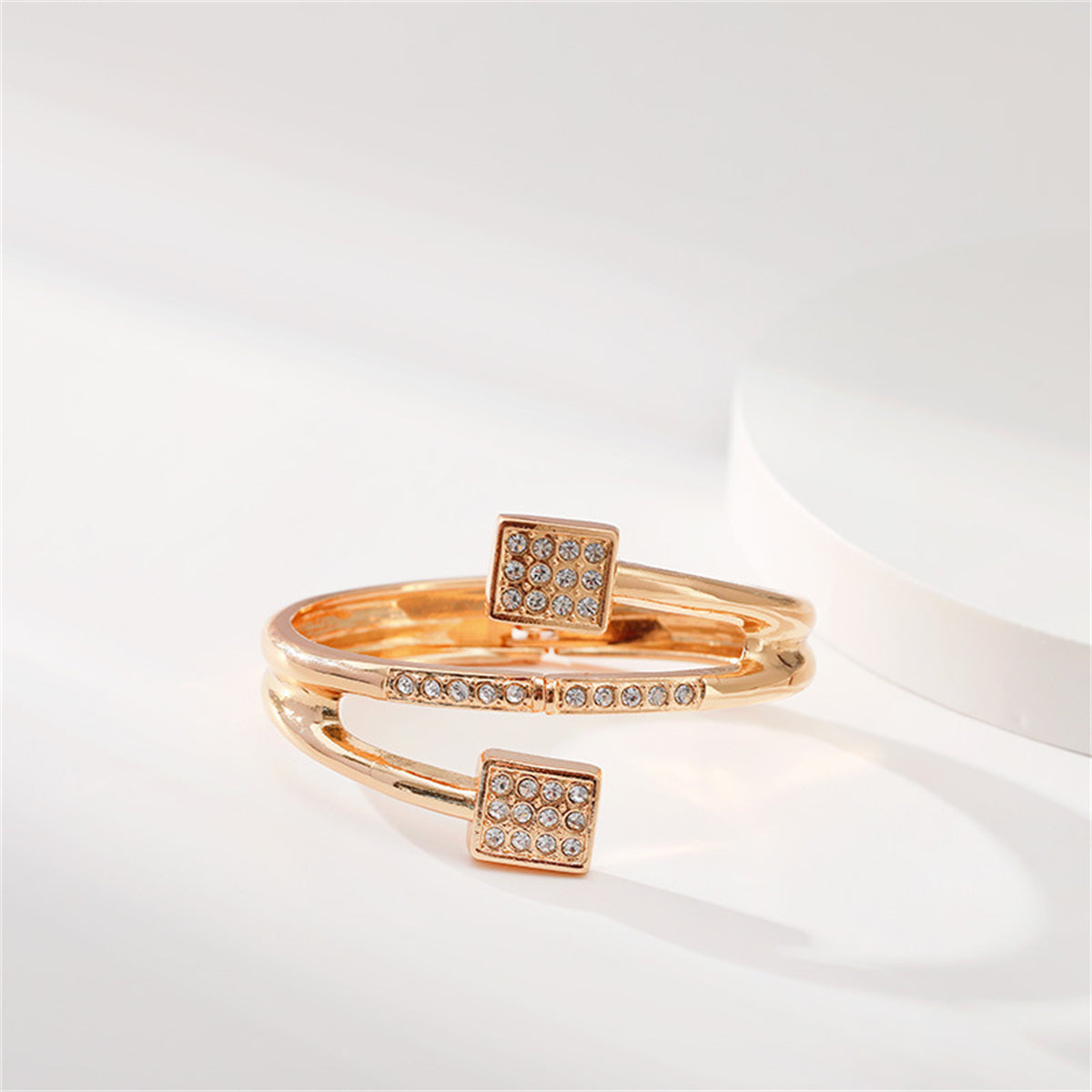 Clear Cubic Zirconia and 18K Gold-Plated Square Hinged Bypass Bangle, gold bangle bracelet, lifestyle look