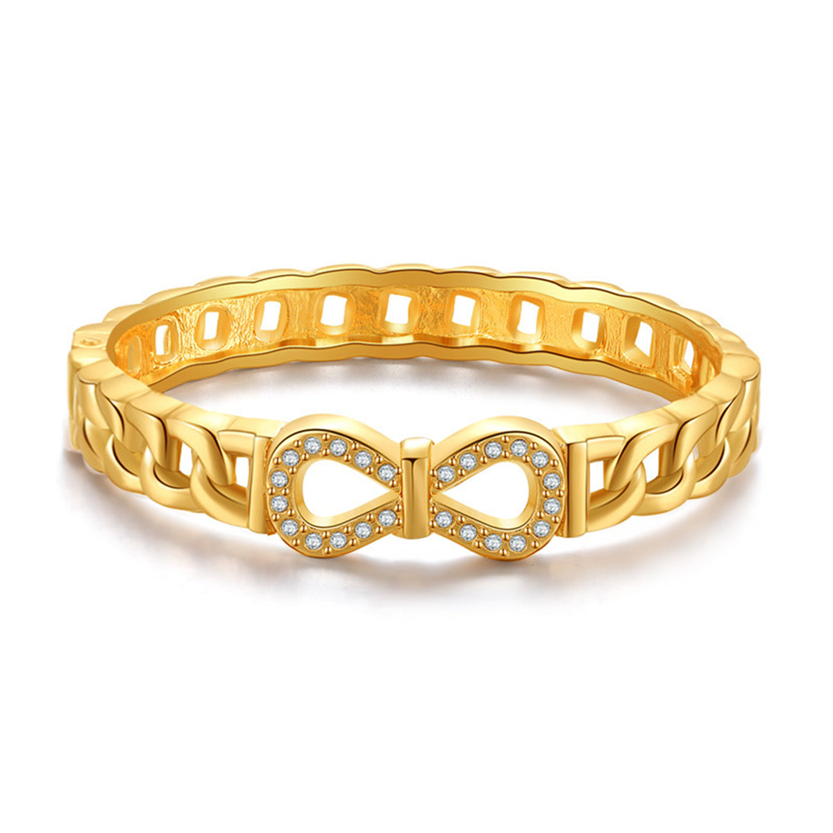 Clear Cubic Zirconia and 18K Gold-Plated Infinity Sign Charm Bangle, gold bangle bracelet, elegant gift for her, front view
