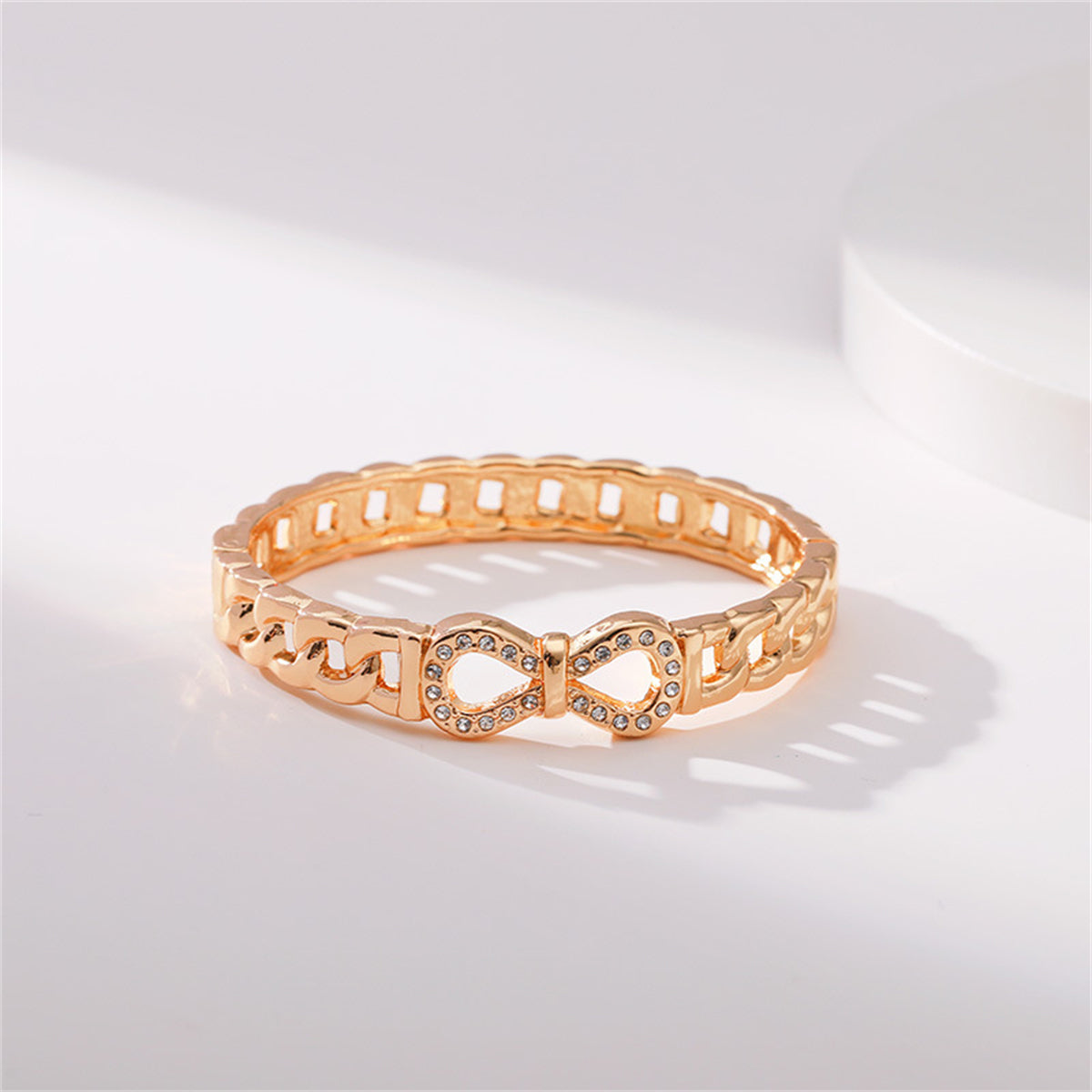Clear Cubic Zirconia and 18K Gold-Plated Infinity Sign Charm Bangle, gold bangle bracelet, elegant gift for her, side view