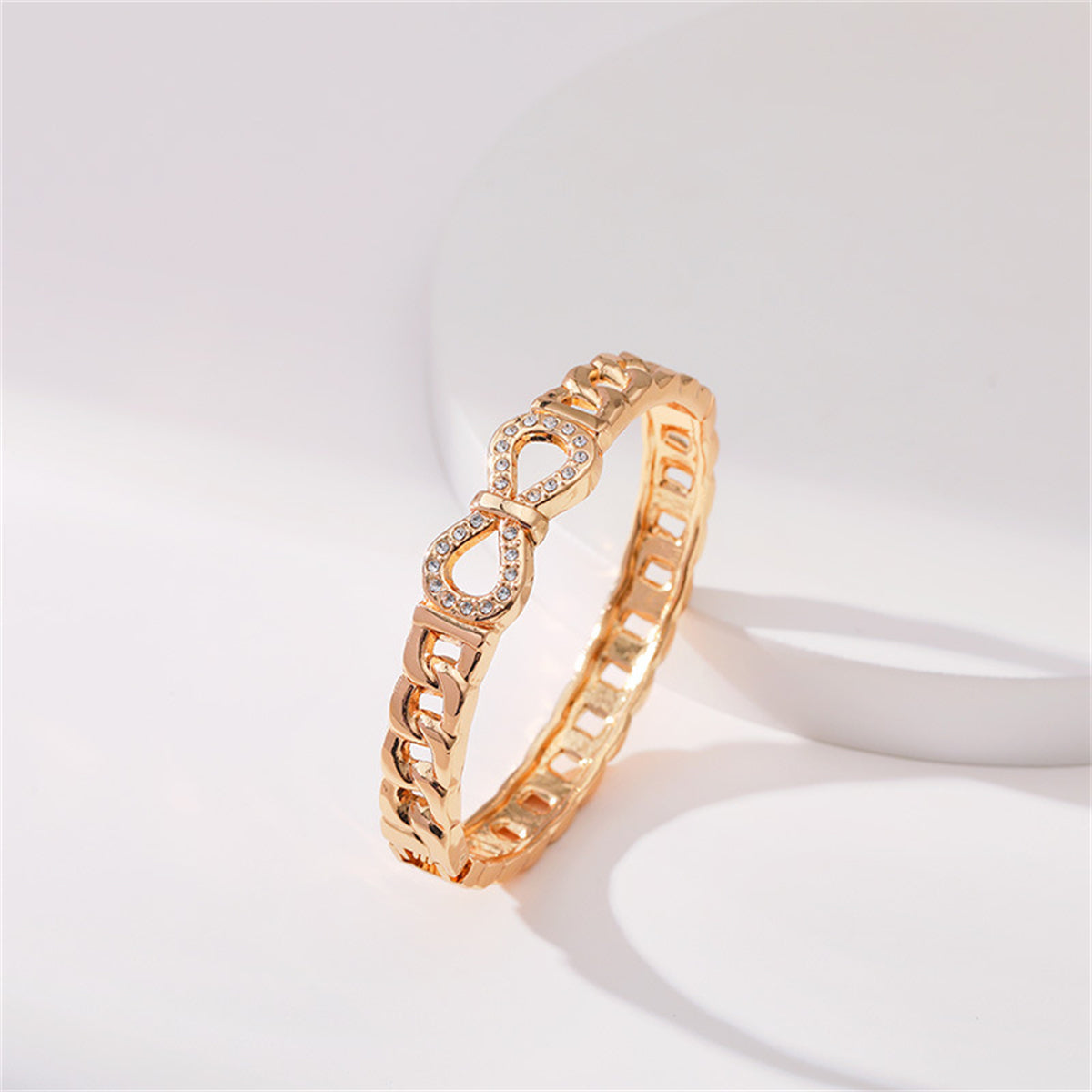 Clear Cubic Zirconia and 18K Gold-Plated Infinity Sign Charm Bangle, gold bangle bracelet, detail close-up