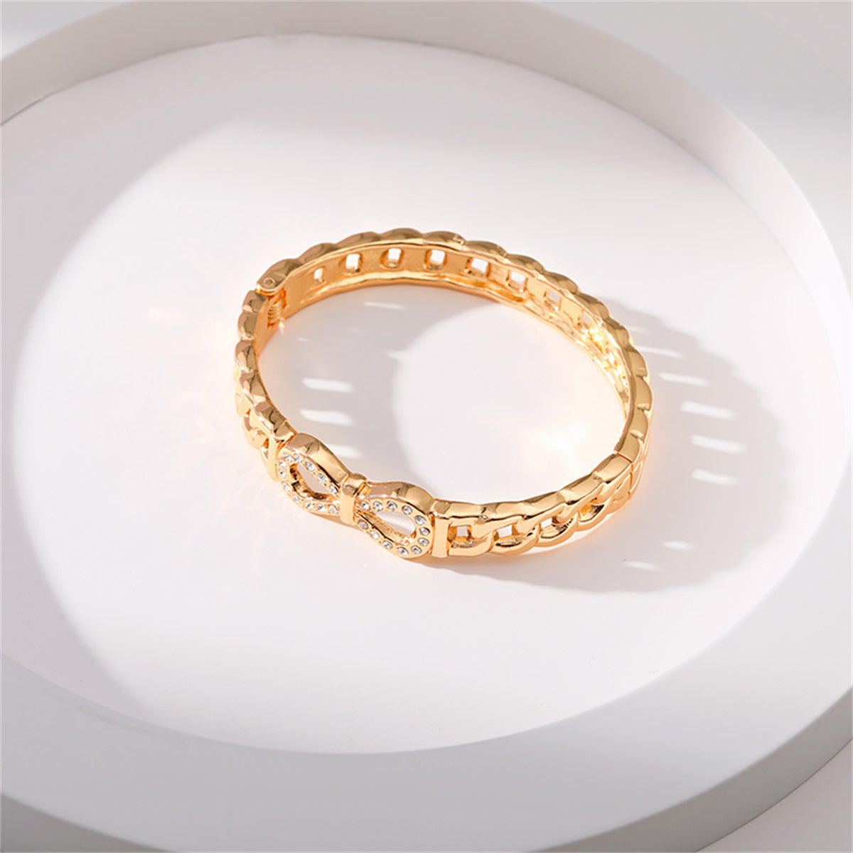Clear Cubic Zirconia and 18K Gold-Plated Infinity Sign Charm Bangle, gold bangle bracelet, lifestyle look