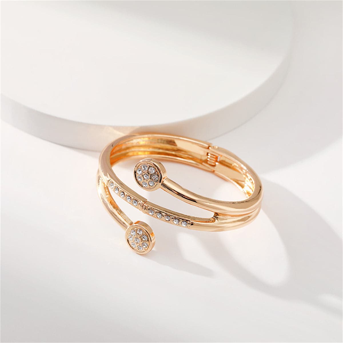 Clear Cubic Zirconia and 18K Gold-Plated Rattan Hinged Bypass Bangle, gold bangle bracelet, side view