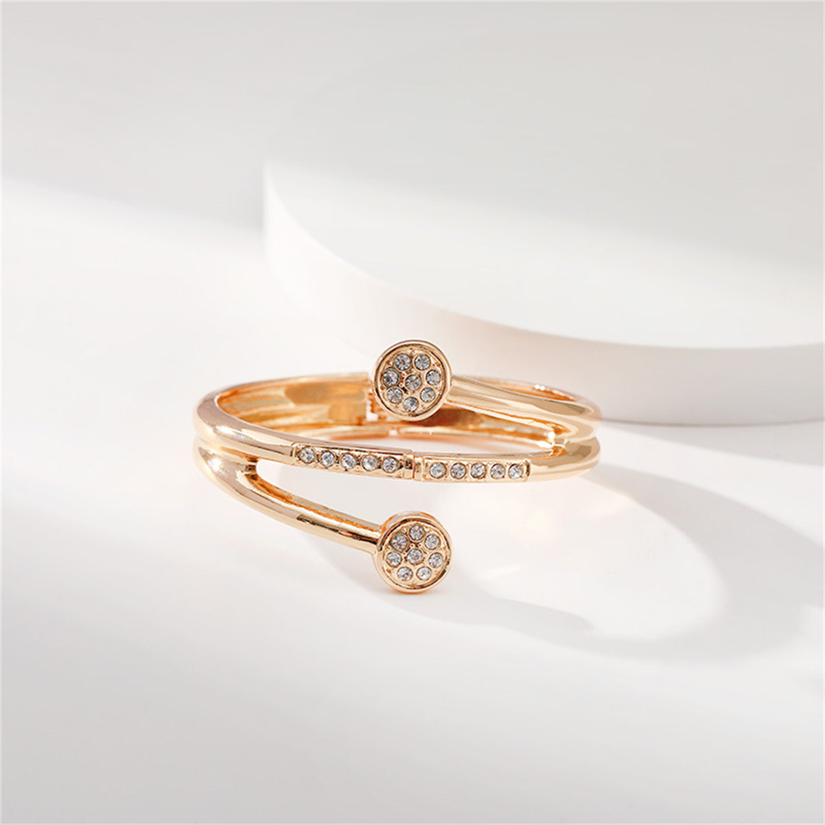 Clear Cubic Zirconia and 18K Gold-Plated Rattan Hinged Bypass Bangle, gold bangle bracelet, detail close-up