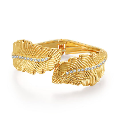 Clear Cubic Zirconia and 18K Gold-Plated Leaf Hinged Bypass Bangle, gold bangle bracelet, vintage-inspired design, front view