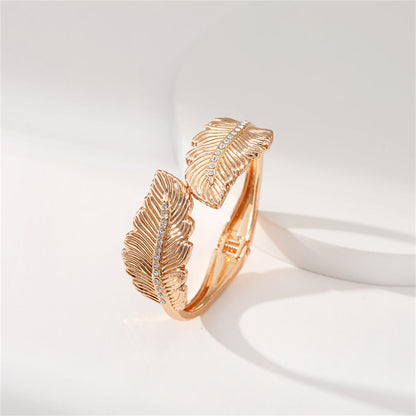 Clear Cubic Zirconia and 18K Gold-Plated Leaf Hinged Bypass Bangle, gold bangle bracelet, lifestyle look