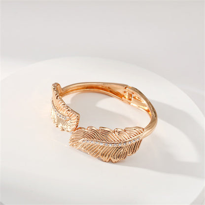 Clear Cubic Zirconia and 18K Gold-Plated Leaf Hinged Bypass Bangle, gold bangle bracelet, styled look