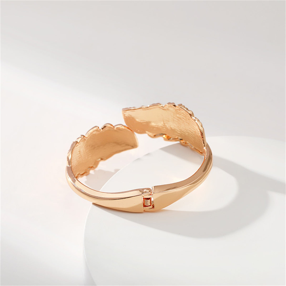 Clear Cubic Zirconia and 18K Gold-Plated Leaf Hinged Bypass Bangle, gold bangle bracelet, detail close-up