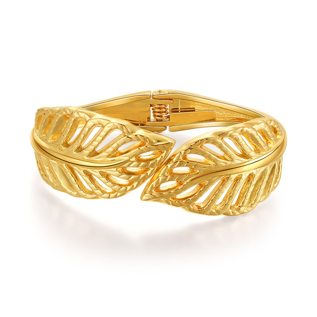 18K Gold-Plated Leaves Hinged Bypass Bangle, gold bangle bracelet, vintage-inspired design, front view