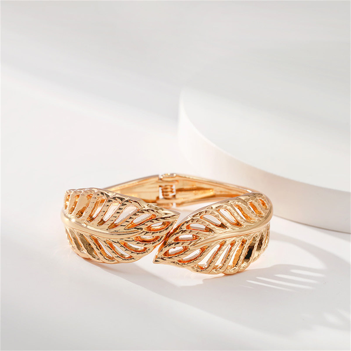 18K Gold-Plated Leaves Hinged Bypass Bangle, gold bangle bracelet, vintage-inspired design, lifestyle look
