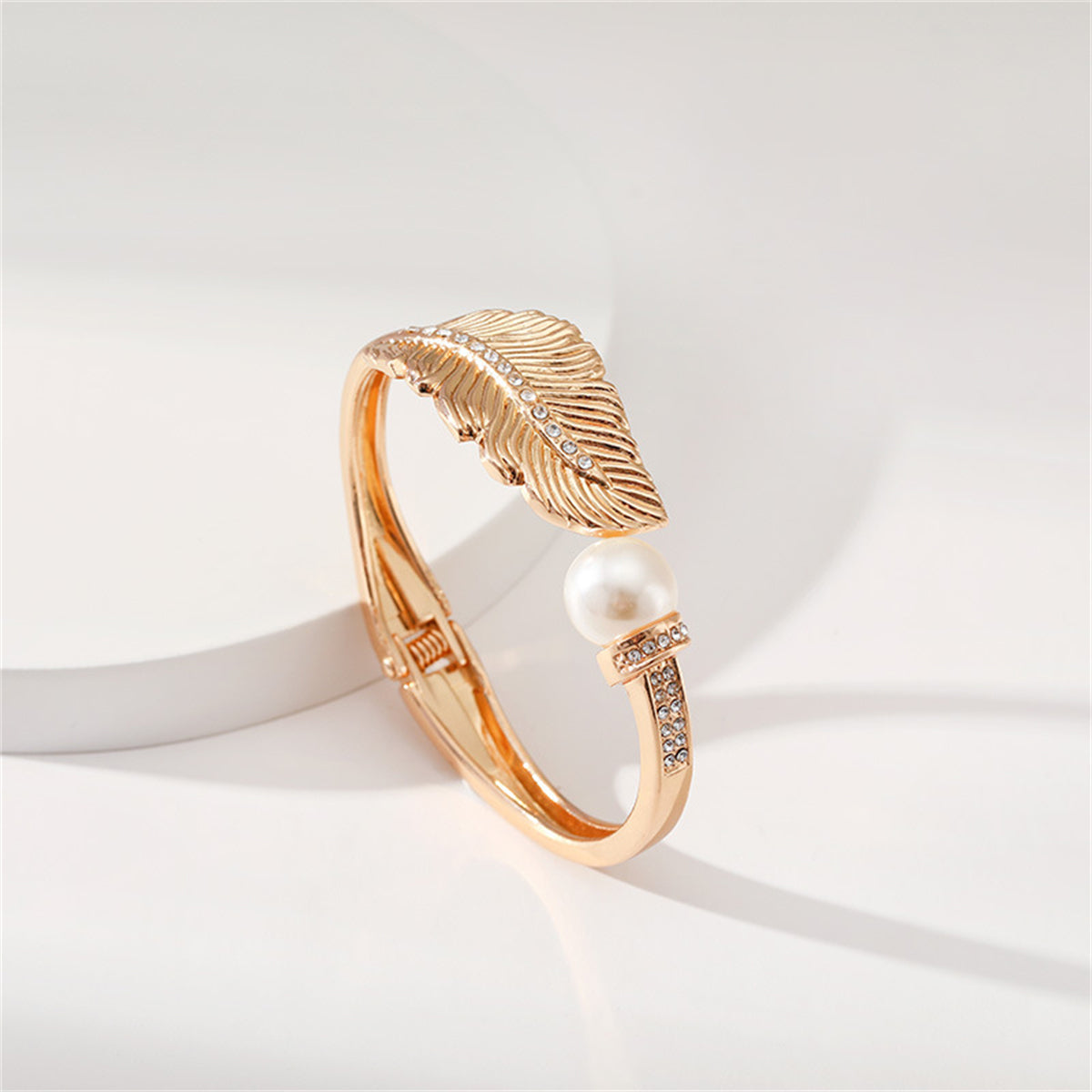 Pearl and Cubic Zirconia Leaf Hinged Bangle, bangle bracelet, dainty minimalist design, side view
