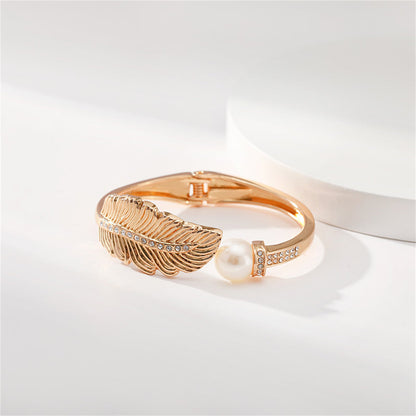 Pearl and Cubic Zirconia Leaf Hinged Bangle, bangle bracelet, dainty minimalist design, detail close-up