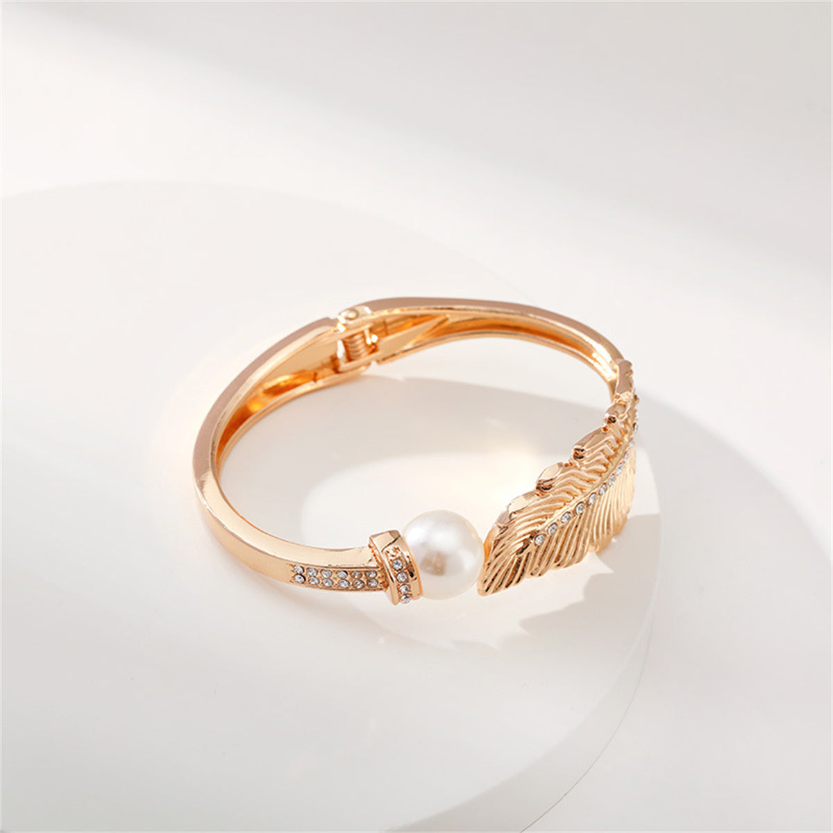 Pearl and Cubic Zirconia Leaf Hinged Bangle, bangle bracelet, dainty minimalist design, lifestyle look