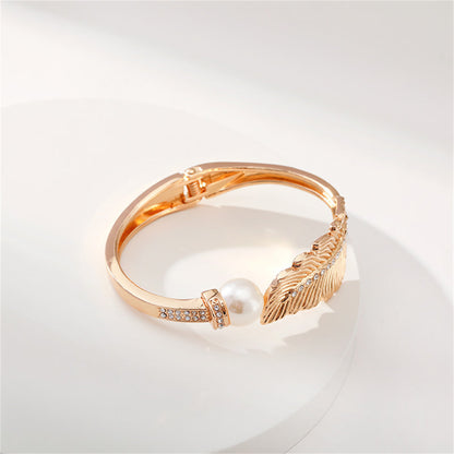 Pearl and Cubic Zirconia Leaf Hinged Bangle, bangle bracelet, dainty minimalist design, lifestyle look