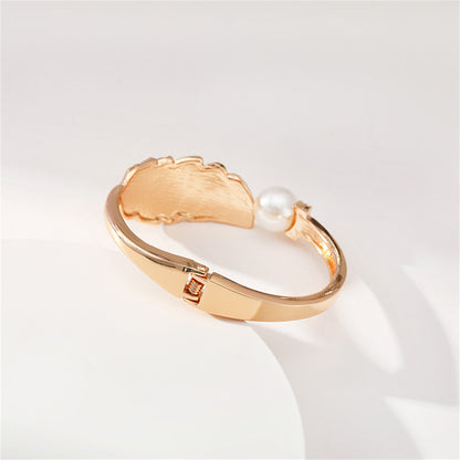 Pearl and Cubic Zirconia Leaf Hinged Bangle, bangle bracelet, dainty minimalist design, styled look