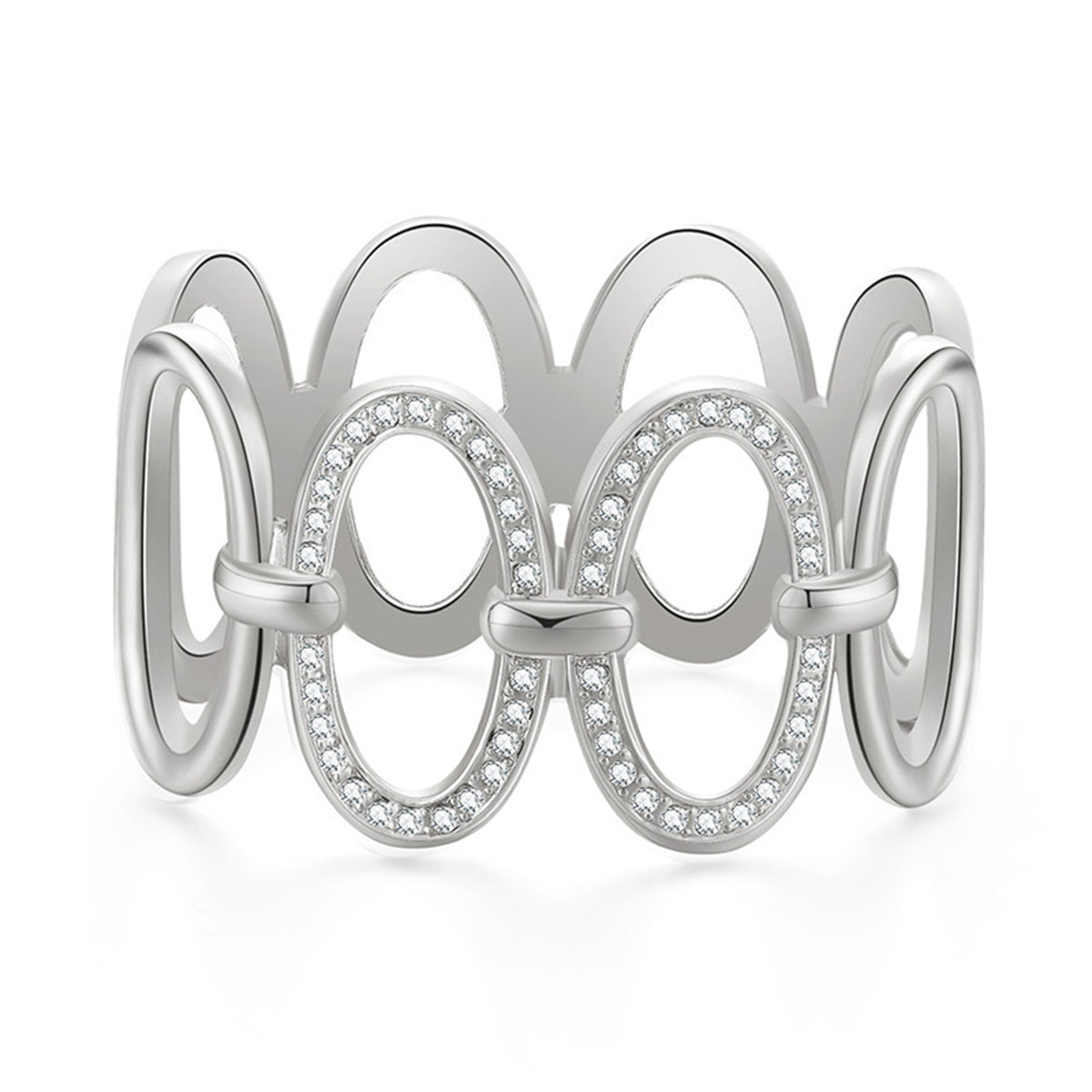 Cubic Zirconia and Silver-Plated Oval Station Bangle, silver bangle bracelet, botanical inspired, front view