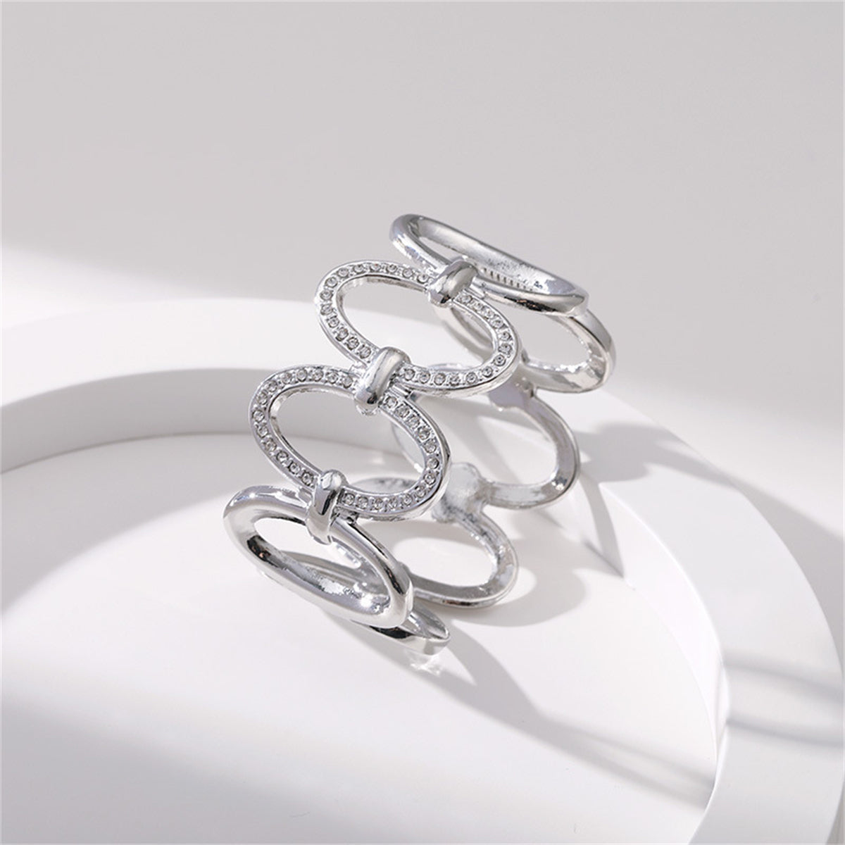 Cubic Zirconia and Silver-Plated Oval Station Bangle, silver bangle bracelet, botanical inspired, detail close-up