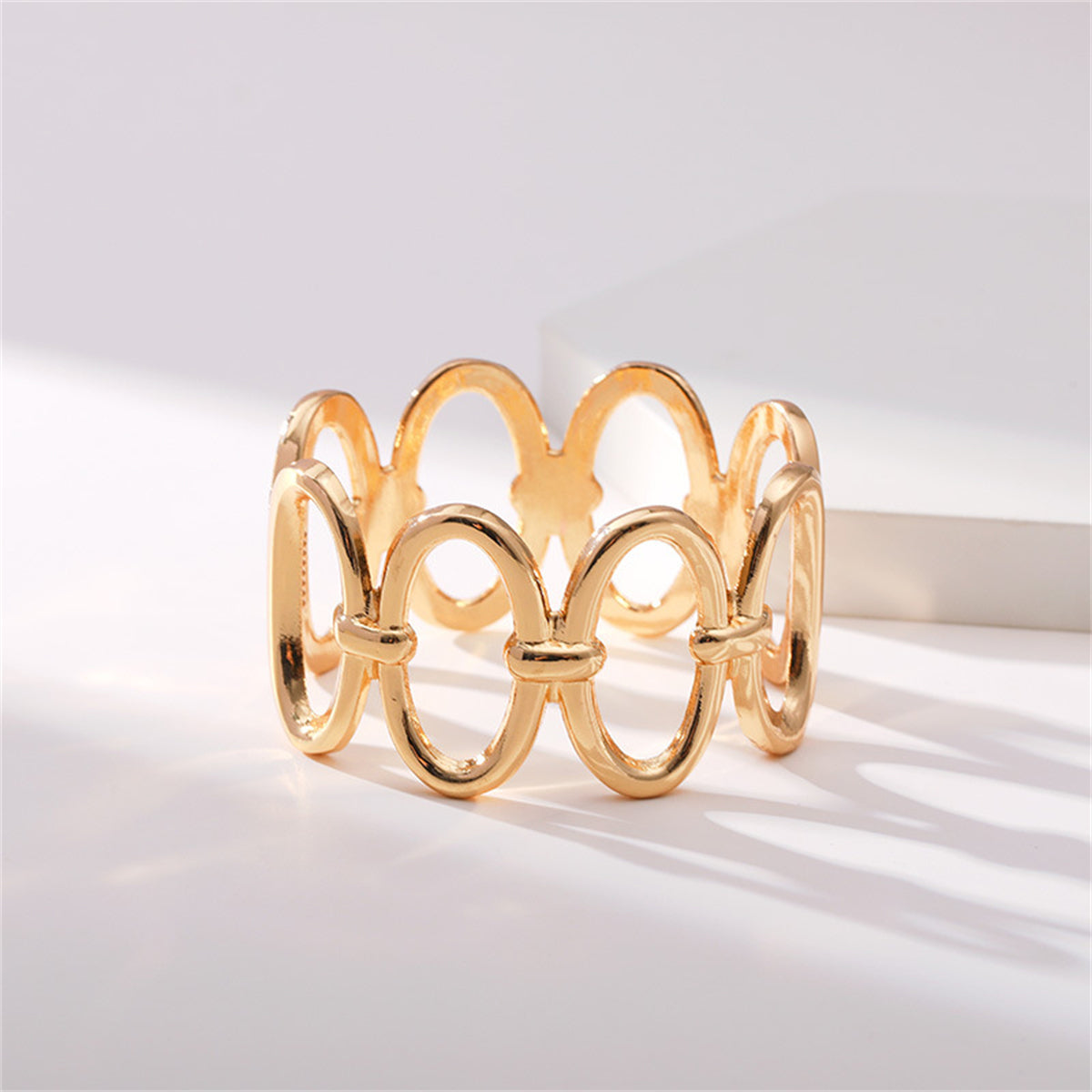 18K Gold-Plated Oval Station Bangle, gold bangle bracelet, botanical inspired, detail close-up