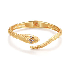 Cubic Zirconia & 18K Gold-Plated Textured Snake Hinge Bypass Bangle