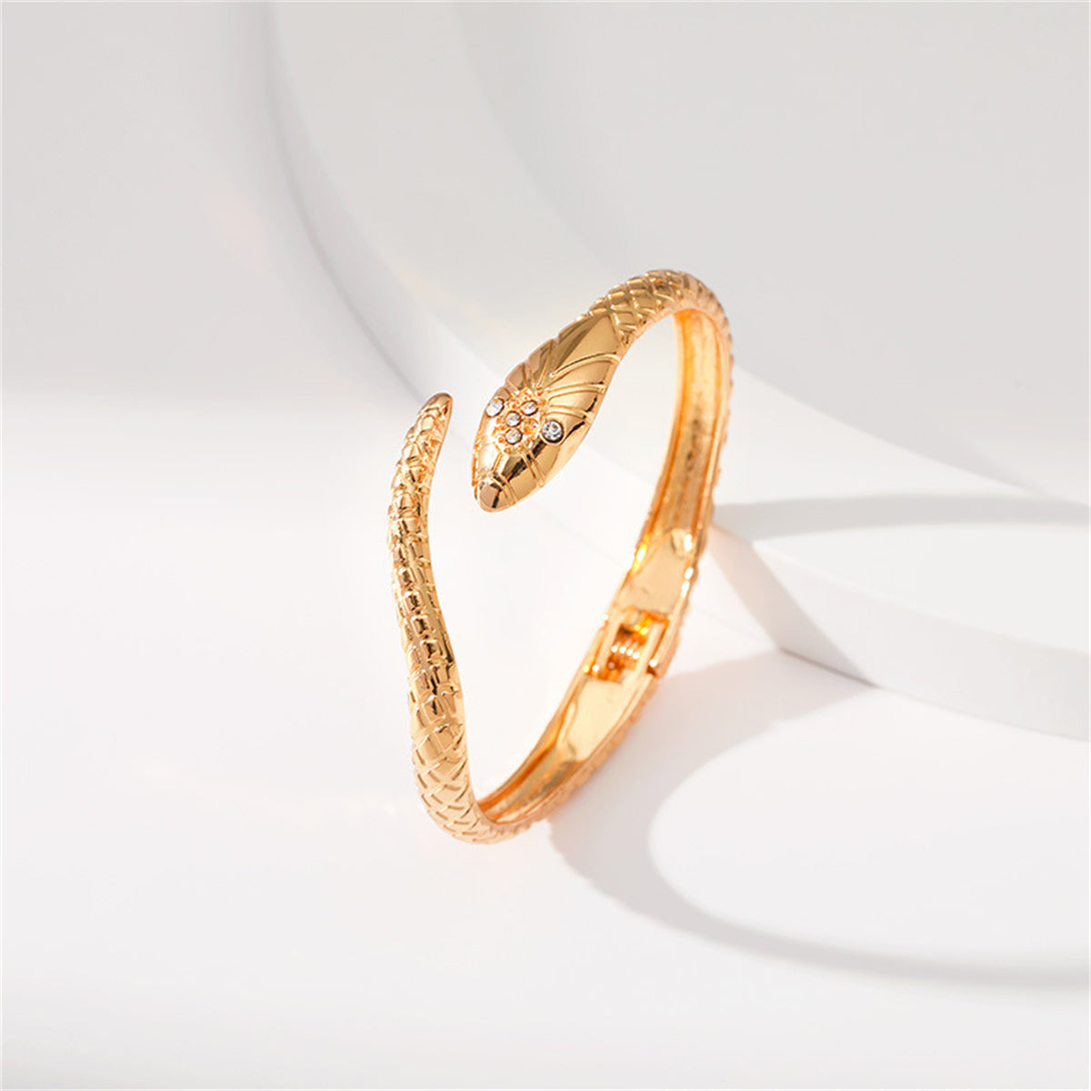 Cubic Zirconia & 18K Gold-Plated Textured Snake Hinge Bypass Bangle