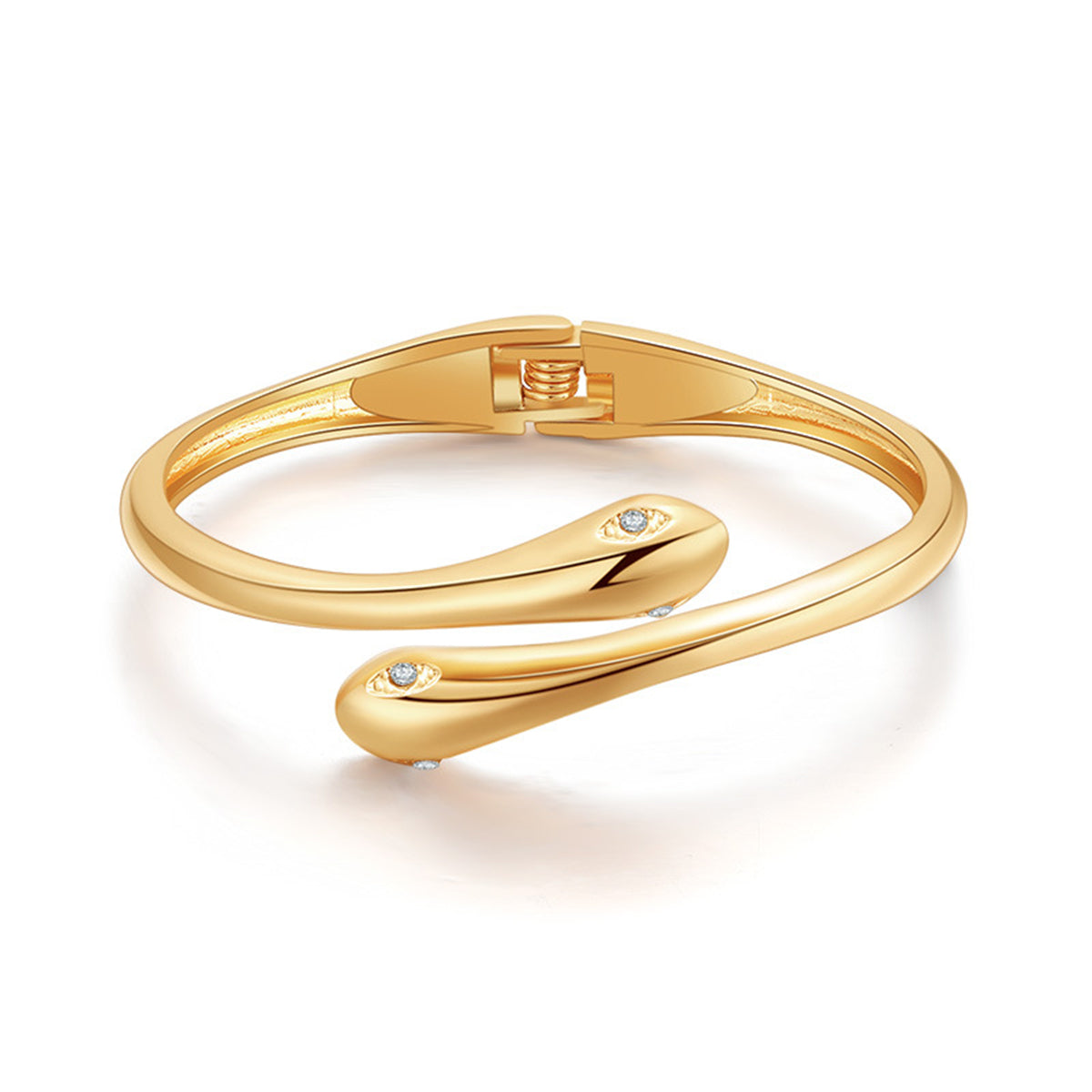 Cubic Zirconia and 18K Gold-Plated Double Snakes Hinge Bypass Bangle, gold bangle bracelet, front view