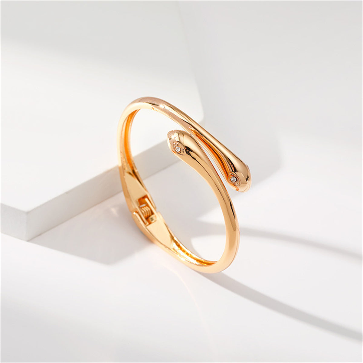 Cubic Zirconia and 18K Gold-Plated Double Snakes Hinge Bypass Bangle, gold bangle bracelet, lifestyle look