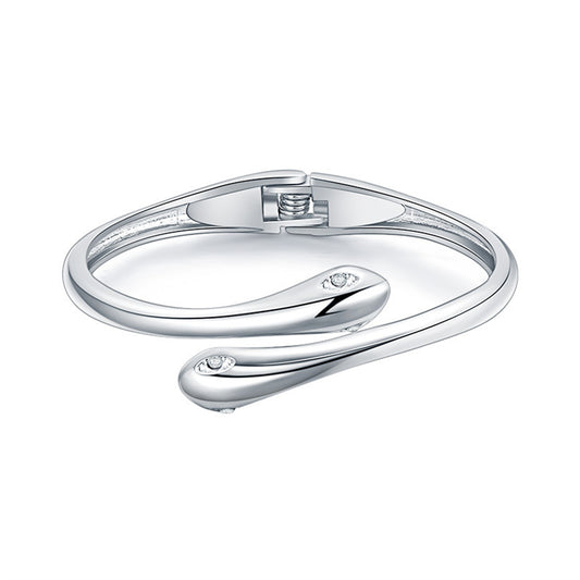 Cubic Zirconia and Silver-Plated Double Snakes Bypass Hinged Bangle, silver bangle bracelet, everyday style, front view