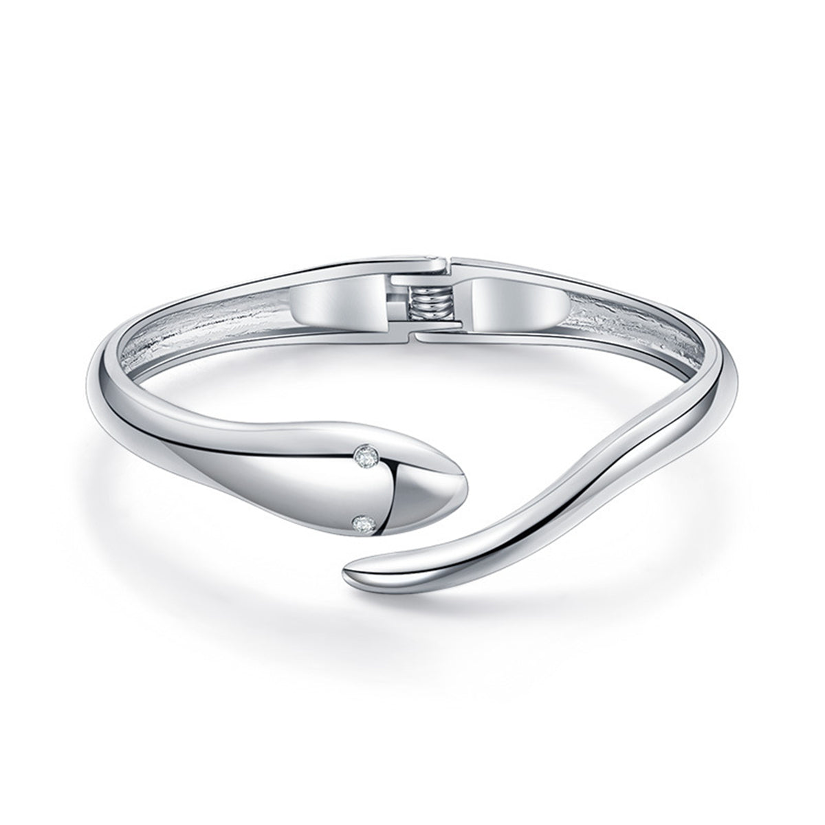 Cubic Zirconia and Silver-Plated Snake Hinge Bangle, silver bangle bracelet, vintage-inspired design, front view