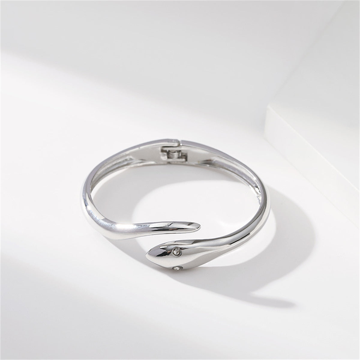 Cubic Zirconia and Silver-Plated Snake Hinge Bangle, silver bangle bracelet, vintage-inspired design, detail close-up