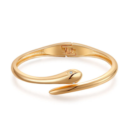 Cubic Zirconia and 18K Gold-Plated Snake Bypass Bangle, gold bangle bracelet, elegant gift for her, front view