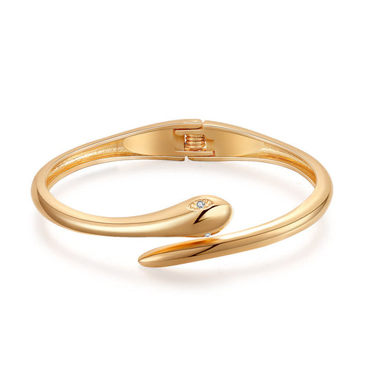 Cubic Zirconia and 18K Gold-Plated Snake Bypass Bangle, gold bangle bracelet, elegant gift for her, front view