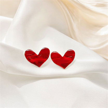Red Enamel and Silver-Plated Heart Stud Earring, silver stud earrings for women, elegant gift for her, side view