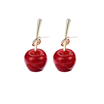 Red Resin and 18K Gold-Plated Cherry Drop Earrings, gold drop earrings for women, elegant gift for her, detail close-up