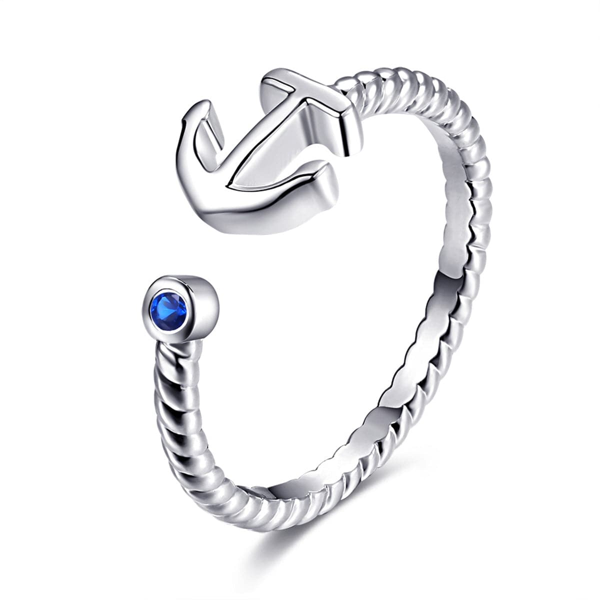 Blue Cubic Zirconia and Silver-Plated Anchor Open Ring, silver statement rings for women, vintage-inspired design, front view