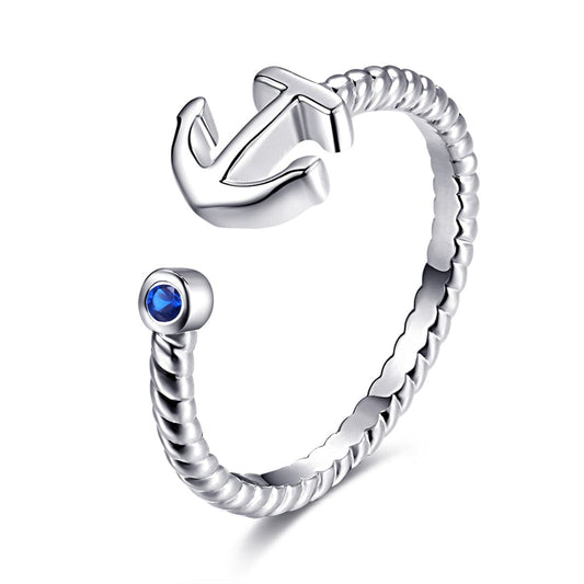 Blue Cubic Zirconia and Silver-Plated Anchor Open Ring, silver statement rings for women, vintage-inspired design, front view