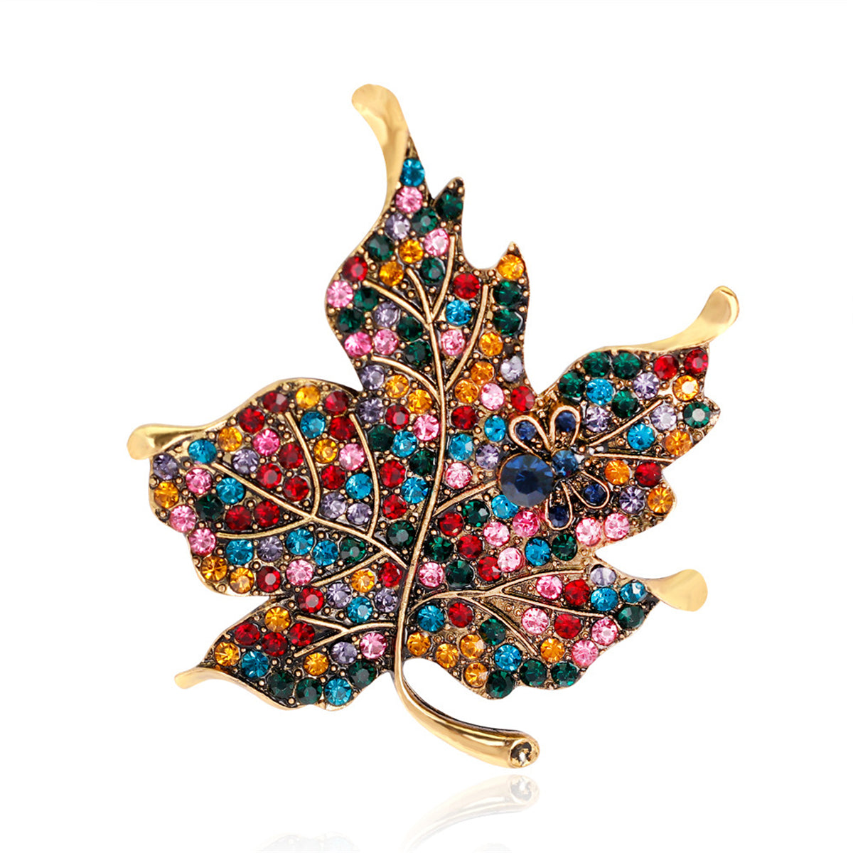Red Multicolor Cubic Zirconia and 18K Gold-Plated Maple Leaf Brooch, gold brooch pin, botanical inspired, front view
