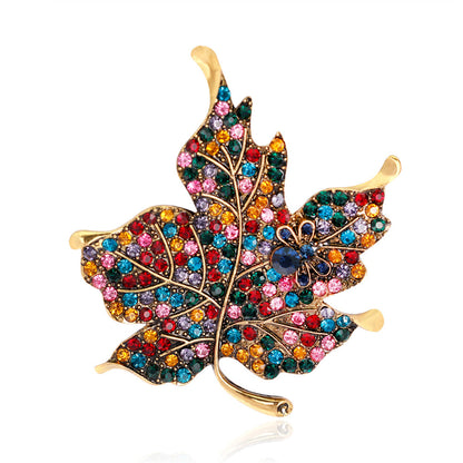 Red Multicolor Cubic Zirconia and 18K Gold-Plated Maple Leaf Brooch, gold brooch pin, botanical inspired, front view