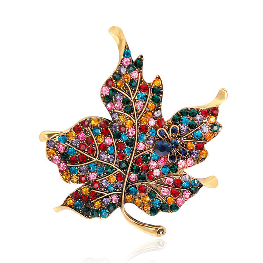 Red Multicolor Cubic Zirconia and 18K Gold-Plated Maple Leaf Brooch, gold brooch pin, elegant gift for her, front view