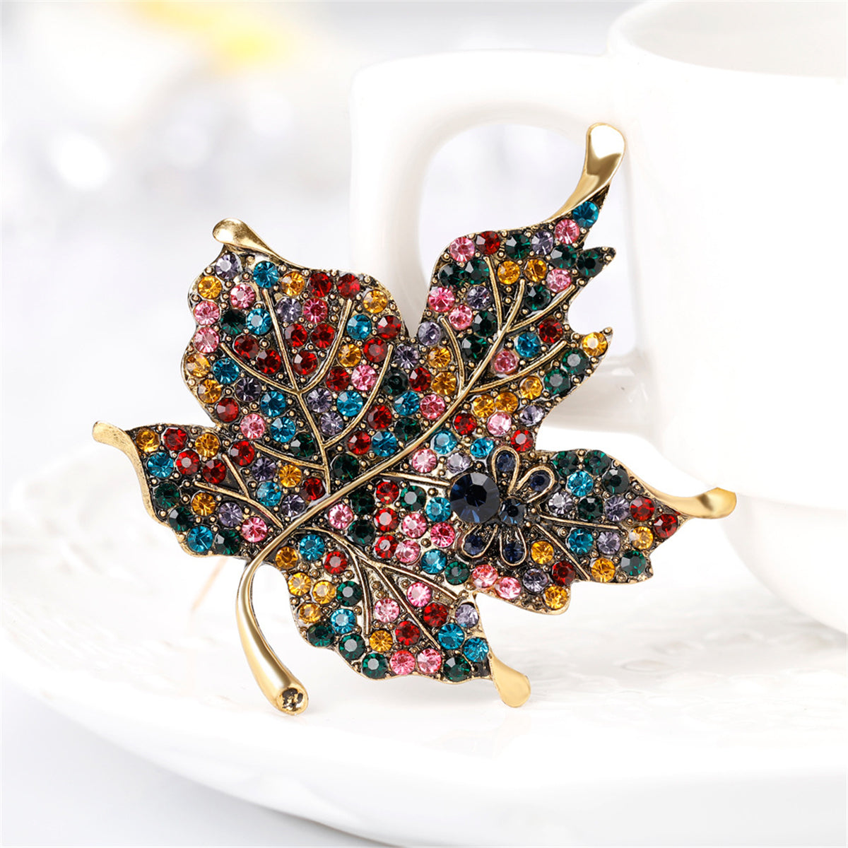 Red Multicolor Cubic Zirconia and 18K Gold-Plated Maple Leaf Brooch, gold brooch pin, botanical inspired, side view