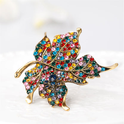 Red Multicolor Cubic Zirconia and 18K Gold-Plated Maple Leaf Brooch, gold brooch pin, botanical inspired, detail close-up