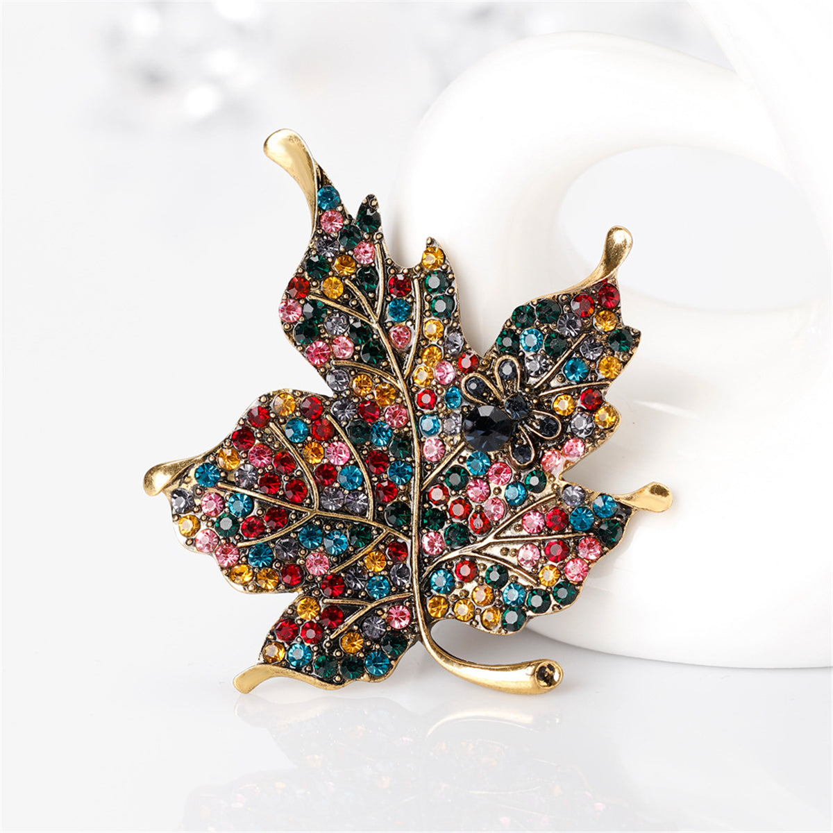 Red Multicolor Cubic Zirconia and 18K Gold-Plated Maple Leaf Brooch, gold brooch pin, botanical inspired, lifestyle look
