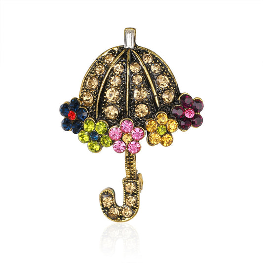Yellow Cubic Zirconia and 18K Gold-Plated Flower Umbrella Brooch, gold brooch pin, elegant gift for her, front view