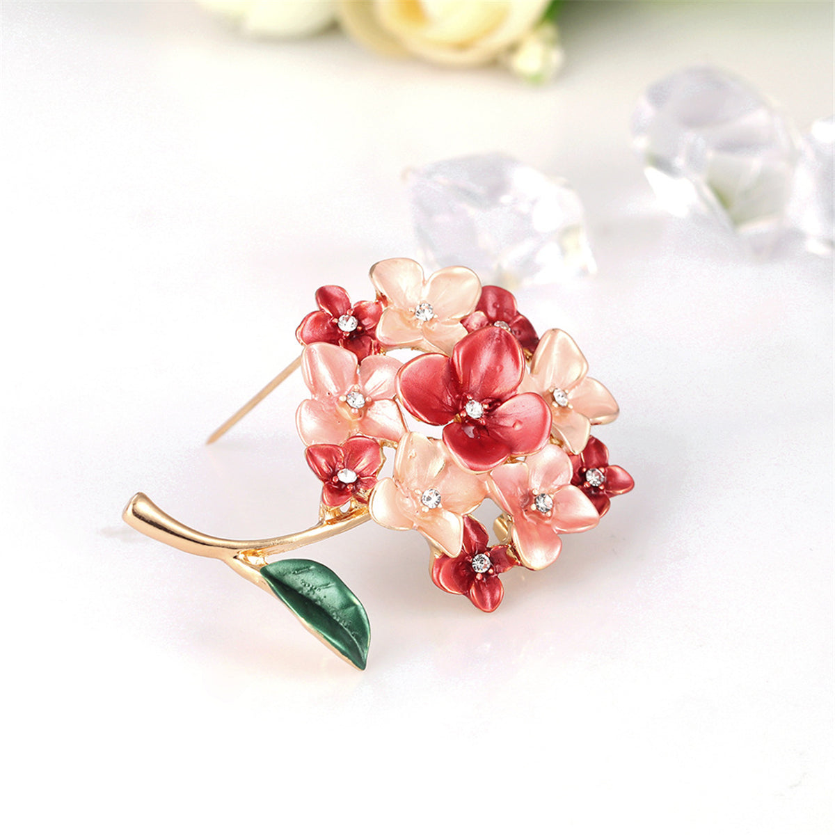 Cubic Zirconia and Enamel 18K Gold-Plated Flower Bouquet Brooch, gold brooch pin, elegant gift for her, detail close-up