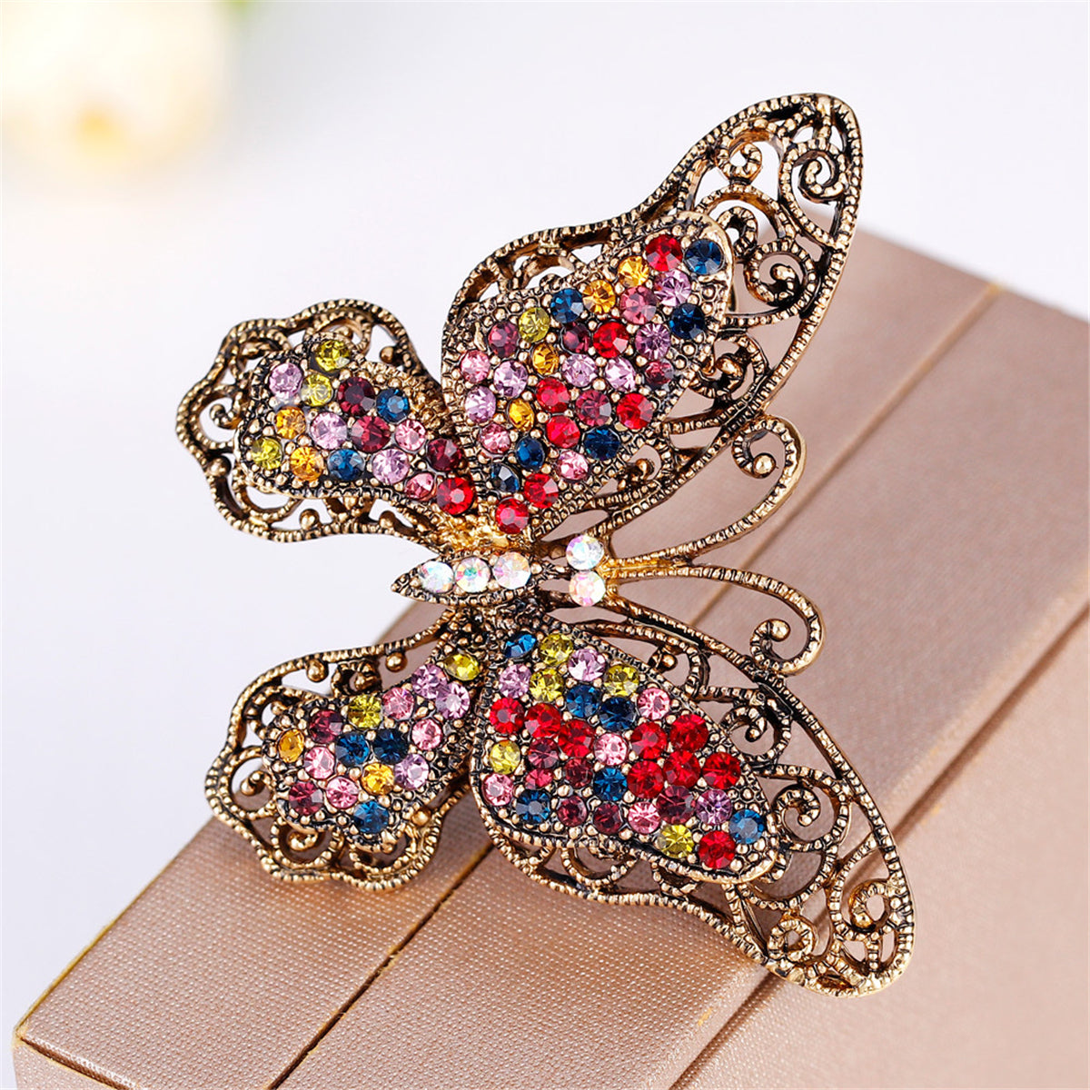 Red Multicolor Cubic Zirconia & 18K Gold-Plated Butterfly Brooch