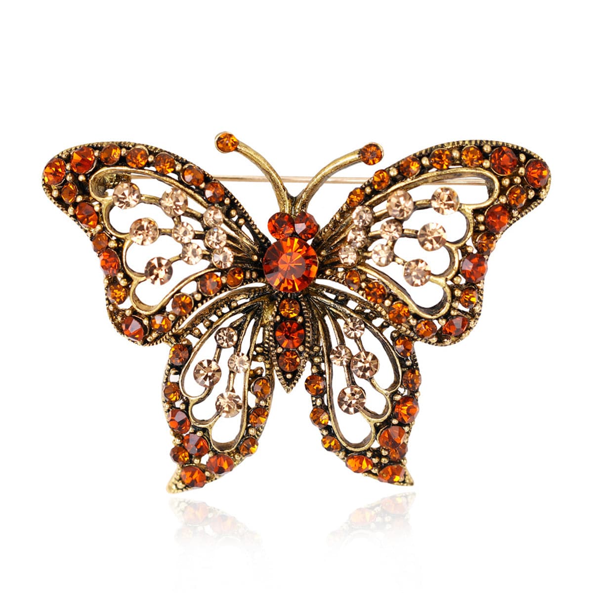 Orange Cubic Zirconia and 18K Gold-Plated Butterfly Brooch, gold brooch pin, vintage-inspired design, front view