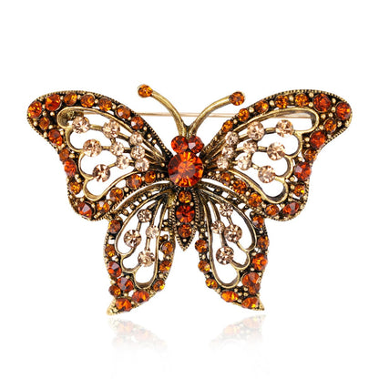 Orange Cubic Zirconia and 18K Gold-Plated Butterfly Brooch, gold brooch pin, vintage-inspired design, front view