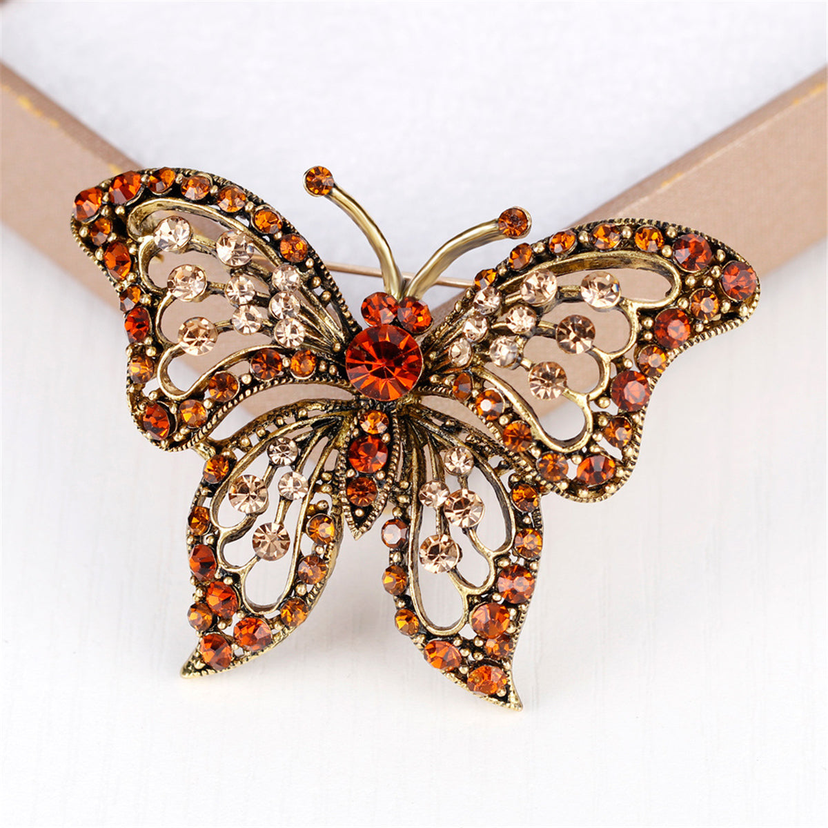 Orange Cubic Zirconia and 18K Gold-Plated Butterfly Brooch, gold brooch pin, vintage-inspired design, detail close-up