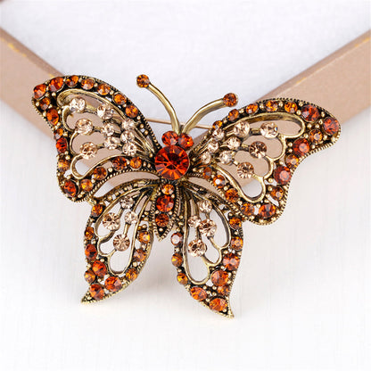 Orange Cubic Zirconia and 18K Gold-Plated Butterfly Brooch, gold brooch pin, vintage-inspired design, detail close-up