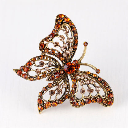 Orange Cubic Zirconia and 18K Gold-Plated Butterfly Brooch, gold brooch pin, vintage-inspired design, side view